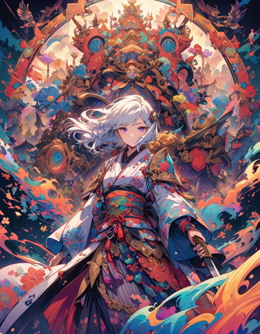 A vibrant and colorful illustration of an anime-style female samurai character with white hair, holding her sword in front of her face. She is wearing traditional Japanese adorned with floral patterns, a backdrop filled with colorful patterns representing ancient symbols and floral motifs. The background is richly detailed with geometric shapes that add depth to their figure's presence., creating a whimsical atmosphere. The background features bold colors and intricate designs that add to the overall visual appeal. This artwork showcases vivid hues, intricate details on both attire and armor, capturing movement as she walks forward in the style of intricate details on both attire and armor, capturing movement as she walks forward. --ar 3:4 --niji 6