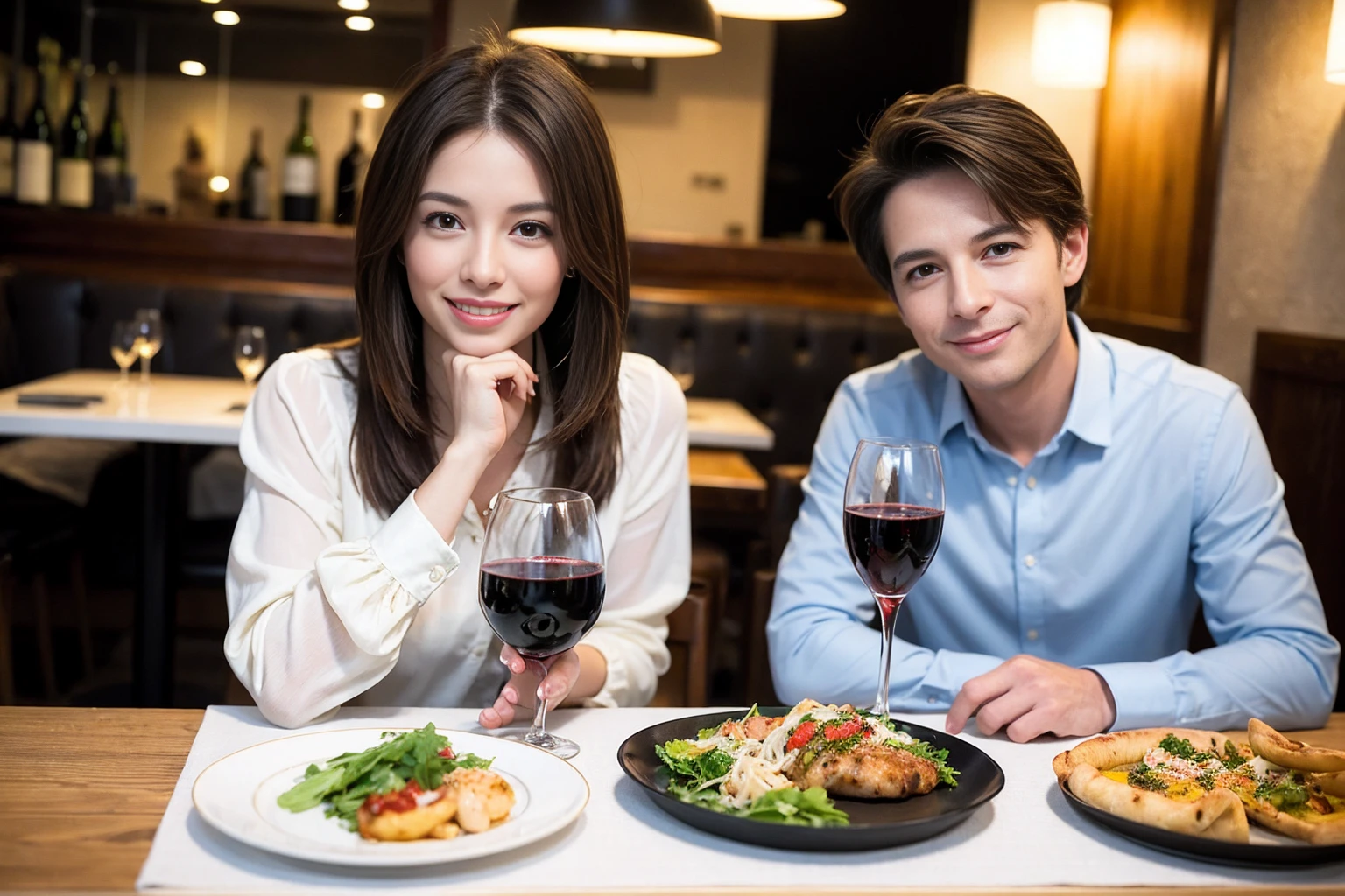 ((Highest quality、、masterpiece:1.3))、1 male 1 female、Slim lover、Beautiful couple、smile、full-course dinner、 (Slim face), (the body is スリム), (Brown Hair), (Shortcuts), ((Bob Hale、Straight hair:1.2)), テーブルの上のwine glass、Shine light on your face、 Amazing view of the sunset sky and clouds、smileの美しさ、Bright image、Blushing, Shortcuts, (43 years old), 39 years old, Appetizers、Italian food、Wine bottle、Champagne、sparkling wine、Long sleeve shirt、dress、Attractive beauty、restaurant, Nova Frog Style, actress, model, Upper Body, White wine, red wine, wine glass, 