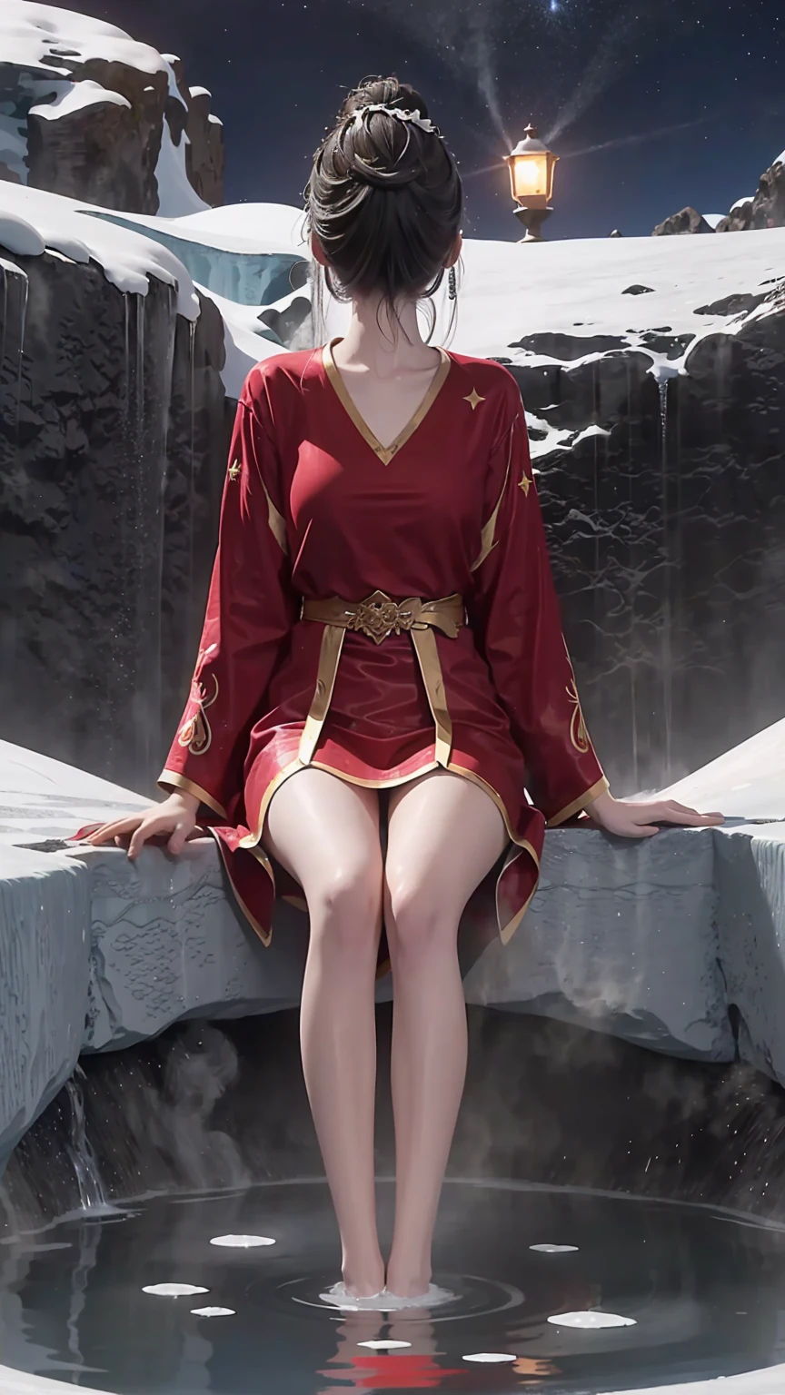 A girl sitting on the iceberg hot spring，night，Star，snow，Hot spring water，Bathing in a hot spring，Water Magic