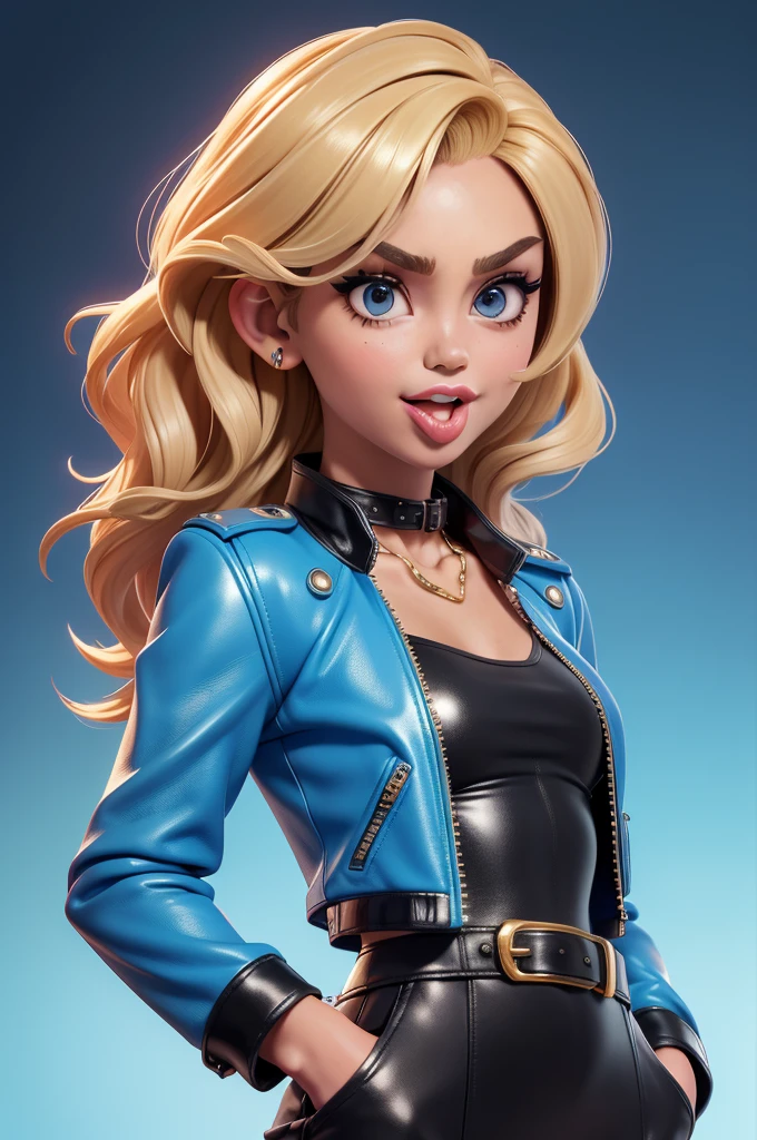 obra prima, melhor qualidade, ((only one woman,)) ((miley cyrus, tan skin, wavy bob hair, open mouth, sticking tongue out side of mouth,)) head back, (sassy wicked sultry sneer, big teeth smile,) open mouth, pucker mouth, sunglasses, ((thick smoky black eye shadow, long fake eyelashes, sticking tongue out,)) (cerulean blue leather jacket with puff shoulder,) biker jacket has stiff collar, leather blouse, (magenta leather sweater dress, metallic leather sun dress, leather culottes,) ((gold blazer length leather coat,)) (periwinkle pvc skirt, pockets, unzipped front,) studs zippers snaps, shiny leather gloves, nip slip, body is skinny, shiny tight buttocks, arched back, camera view of whole body, looking up at me, shallow depth of field, highres, HD, 8k, anatomically correct