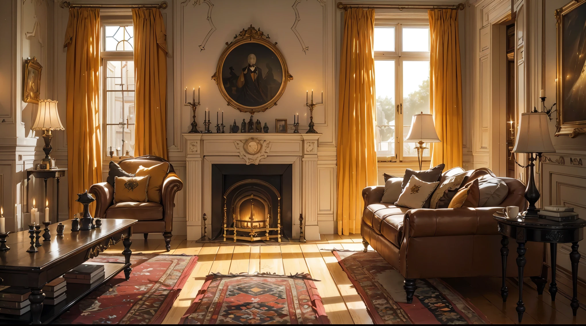 Interior, victorian Manor with reliquies, (((Nigth))), (((moonligth enters the living room))) soft pale orange palette, soft secundary exterior ligth