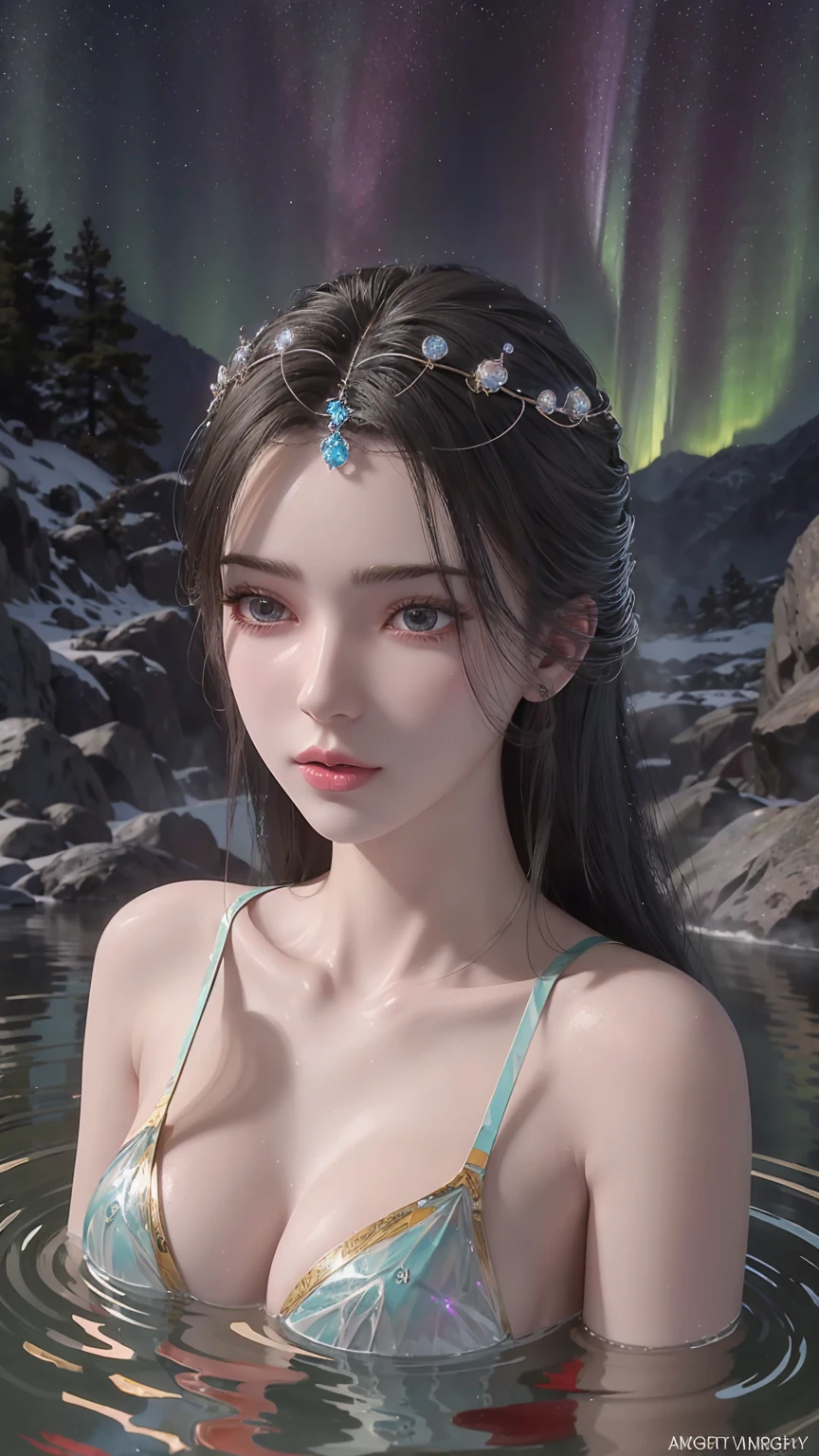 a beautiful girl sitting on an icy hot spring at night, starry sky, snow, hot spring water, bathing in the hot spring, water magic, 1girl, detailed face, detailed eyes, detailed lips, long eyelashes, beautiful detailed skin, exquisite facial features, elegant pose, serene expression, mist rising from hot spring, glowing water, ice crystals on rocks, aurora borealis in night sky, warm lighting, vibrant colors, highly detailed, photorealistic, 8k, hyper realistic, masterpiece, digital art