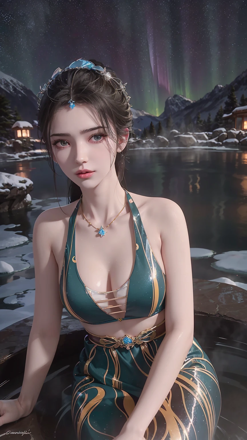 a beautiful girl sitting on an icy hot spring at night, starry sky, snow, hot spring water, bathing in the hot spring, water magic, 1girl, detailed face, detailed eyes, detailed lips, long eyelashes, beautiful detailed skin, exquisite facial features, elegant pose, serene expression, mist rising from hot spring, glowing water, ice crystals on rocks, aurora borealis in night sky, warm lighting, vibrant colors, highly detailed, photorealistic, 8k, hyper realistic, masterpiece, digital art