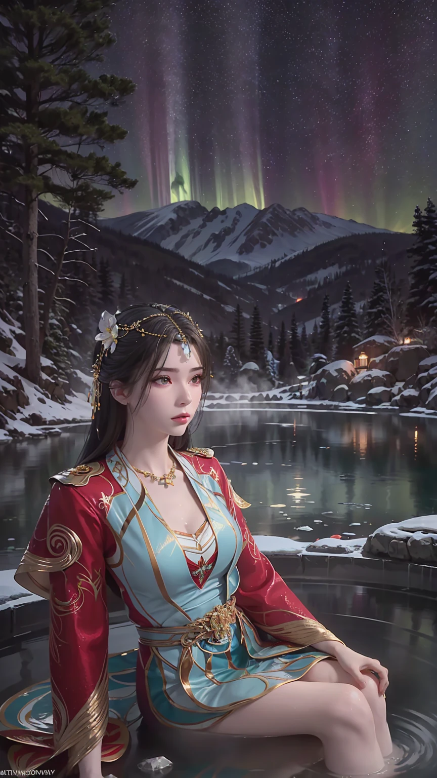 a beautiful girl sitting on an icy hot spring at night, starry sky, snow, hot spring water, bathing in the hot spring, water magic, 1girl, detailed face, detailed eyes, detailed lips, long eyelashes, beautiful detailed skin, exquisite facial features, elegant pose, serene expression, mist rising from hot spring, glowing water, ice crystals on rocks, aurora borealis in night sky, warm lighting, vibrant colors, highly detailed, photorealistic, 8k, hyper realistic, masterpiece, digital art