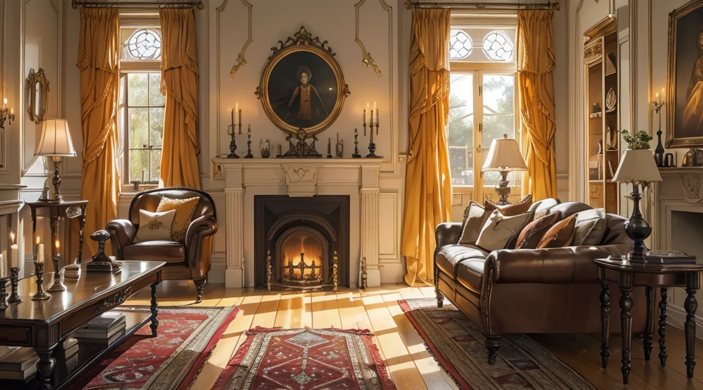 Interior, victorian Manor with reliquies, (((Nigth))), (((moonligth enters the living room))) soft pale orange palette, soft secundary exterior ligth