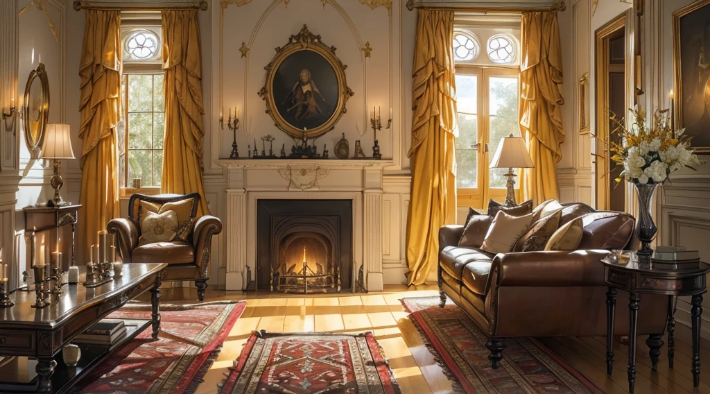 Interior, victorian Manor with reliquies, (((Nigth))), (((moonligth enters the living room))) soft pale orange palette, soft secundary exterior ligth