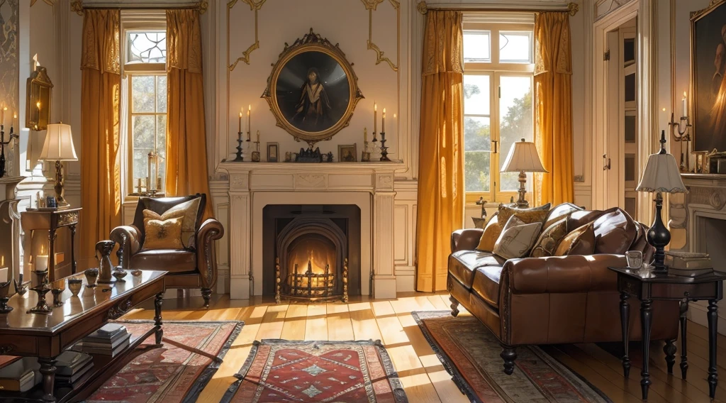 Interior, victorian Manor with reliquies, (((Nigth))), (((moonligth enters the living room))) soft pale orange palette, soft secundary exterior ligth
