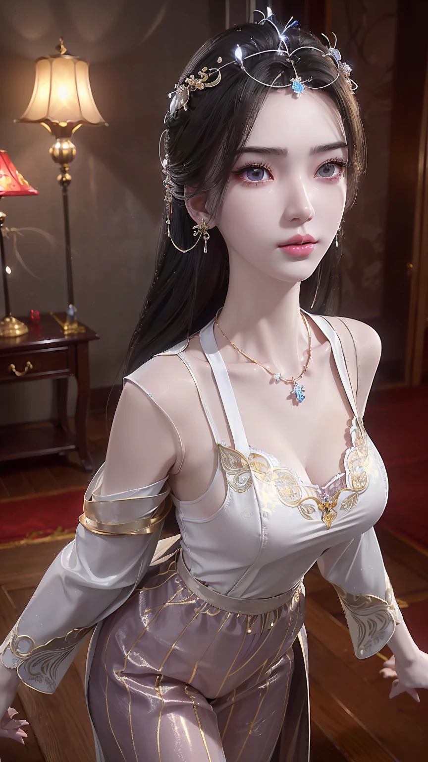 ((whole body)), ((From below)), Clear face, Pretty Face, 8K, masterpiece, original photo, best quality, detail:1.2),lifelike, Extremely detailed CG unified 8K wallpapers, Depth of Field, lamp, lens flare, Ray Tracing, (Extremely beautiful face, Beautiful lips, beautiful eyes), intricate detail face, ((ultra detailed skin)) 1 girl, in the darkness, Deep Shadows, Beautiful Korean girl, Korean Idol,(Very slim figure:1.3), (A bright smile), (City night, (霓虹lamp), (night), Beautiful Korean girl, White Diamond Earrings, Bracelet diameter, Deya Necklace, Pantyhose, Clear eyes, Walk, Facing forward, (big eyes),Dressed in suspender pajamas,Long skirt pajamas