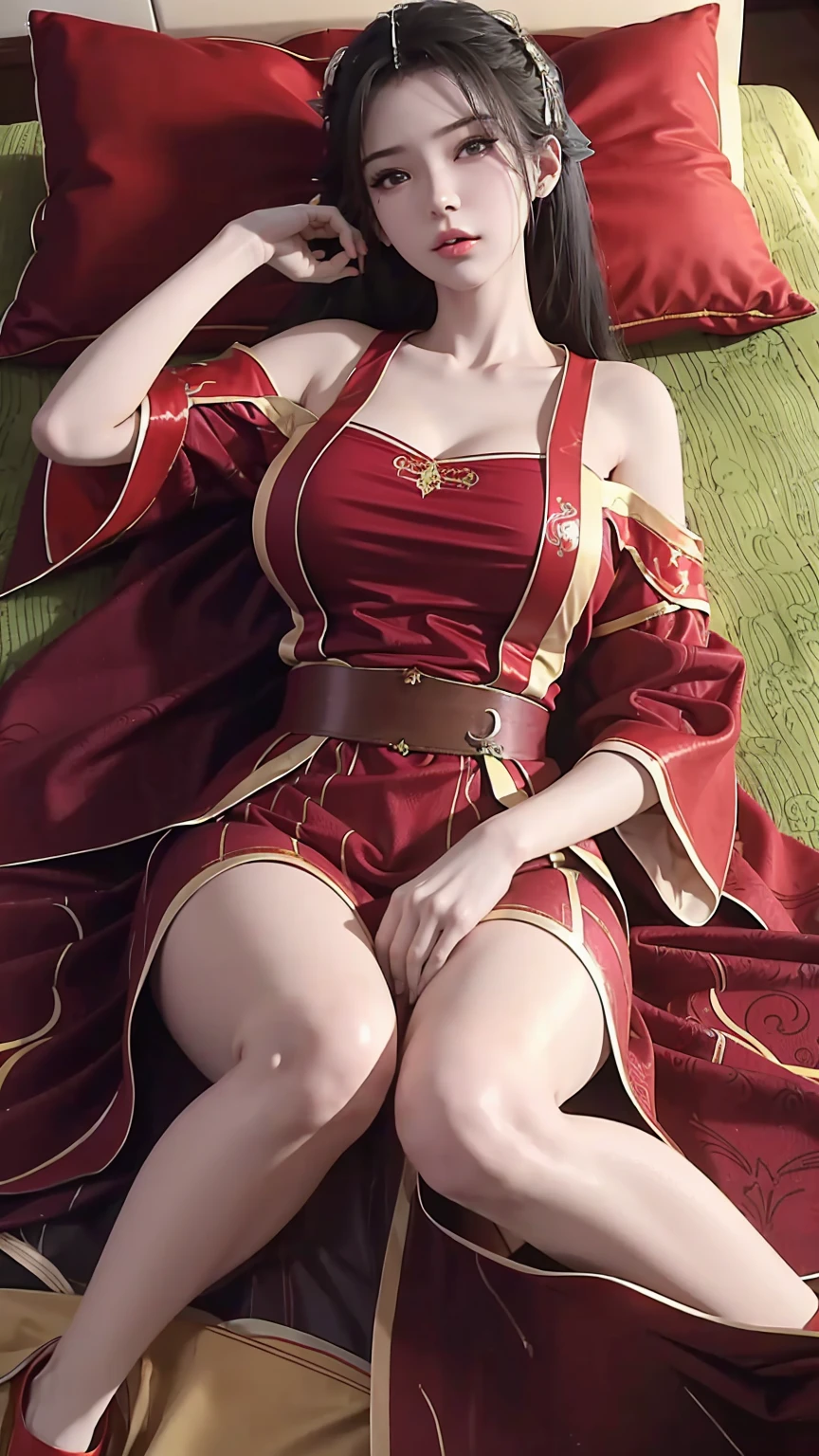 一个女孩Lying in bed，Dressed in suspender pajamas，Face up，Raise your legs slightly，Front view super detailed beautiful big breasted girl 16 years old. Ultra HD, 4K, 8K, Movie，whole body，Lying down，Long legs，Very big breasts，whole body捕捉，（（（Lying in bed））），（（（whole bodyLying in bed））），big bed，Off-shoulder，Shoulder-length skirt，Lying in bed，Sleeping on the pillow，Lying down，Headrest pillows，（（（平Lying in bed））），whole body平Lying in bed