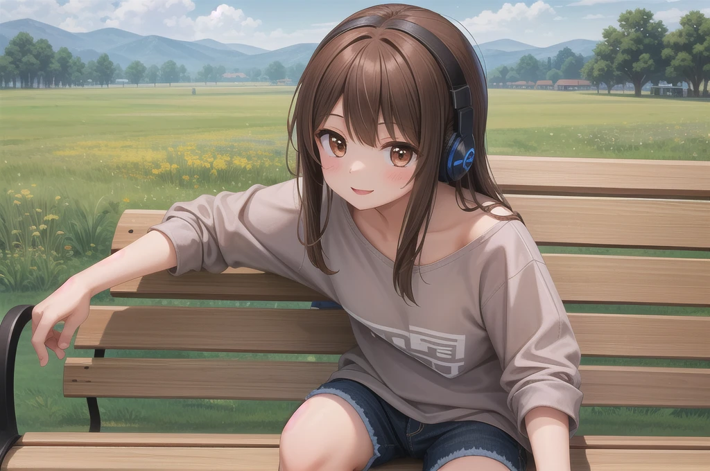 One girl, alone, 20-year-old, Brown eyes, Brown Hair, smile, Nice casual clothes, grassland, bench, headphone, masterpiece, Fine Fingers, 最high quality:1.4, high quality, detailed,