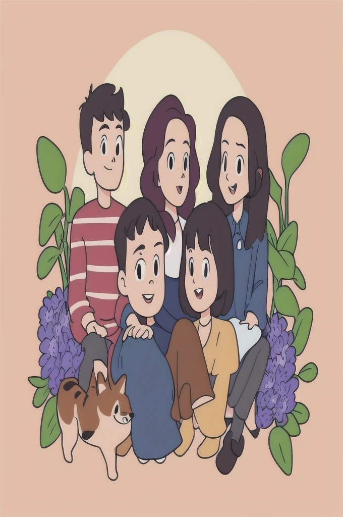 A group of people sitting together with a cat and a dog, Cartoon Style, Cartoon art style, Cartoon Style插图, Family portrait, Official Fanart, Cartoon art style, Detailed fan art, High quality portrait, happy, Cartoon illustration, Committee, Illustration line art style, nft portrait, High-quality fanart, Cartoon Portrait, detailed 2d illustration, Illustration style