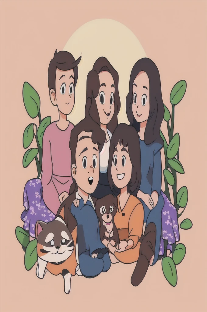 A group of people sitting together with a cat and a dog, Cartoon Style, Cartoon art style, Cartoon Style插图, Family portrait, Official Fanart, Cartoon art style, Detailed fan art, High quality portrait, happy, Cartoon illustration, Committee, Illustration line art style, nft portrait, High-quality fanart, Cartoon Portrait, detailed 2d illustration, Illustration style