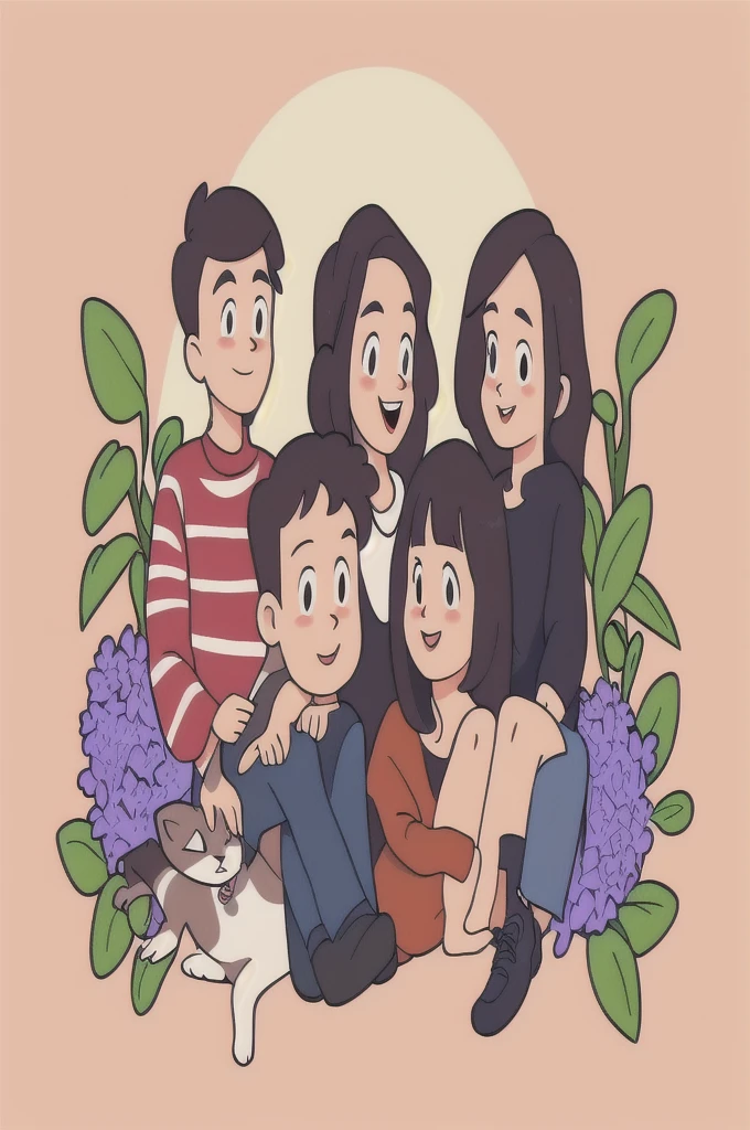 A group of people sitting together with a cat and a dog, Cartoon Style, Cartoon art style, Cartoon Style插图, Family portrait, Official Fanart, Cartoon art style, Detailed fan art, High quality portrait, happy, Cartoon illustration, Committee, Illustration line art style, nft portrait, High-quality fanart, Cartoon Portrait, detailed 2d illustration, Illustration style