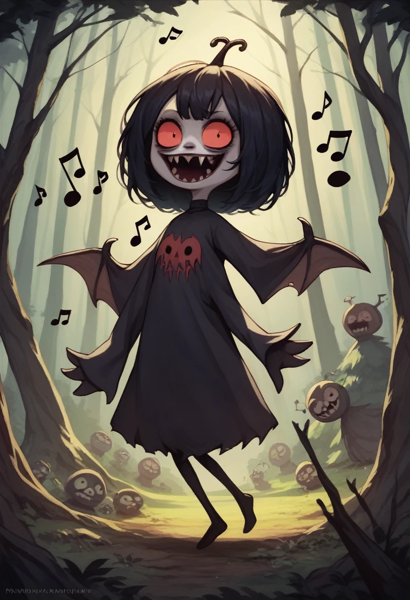 score_9, score_8_up, score_7_up, score_6_up, score_5_up, score_4_up, bats singing in a row, evil smiles, dancing notes, big trees in the forest, cute horror fantasy, disney-style horror effects
