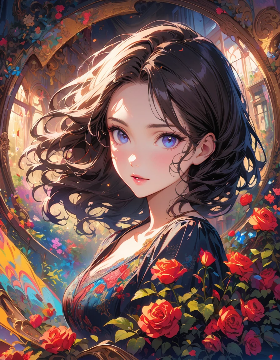 full body of anime girl character dancing and martial poses on a red and black floral bed with a flamenco dress with an essentially detailed embroidery patterned fabric with roses in the background, in the style of cute and cool, anime aesthetic, dark hair, colorful illustrations, highly detailed, in the style of digital painting, natural lighting, full body portrait, anime character design, sharp focus, highly detailed illustration, masterpiece, high definition, in the style of octane rendering, 2D game art, hyper realistic. --ar 3:4 --niji 6