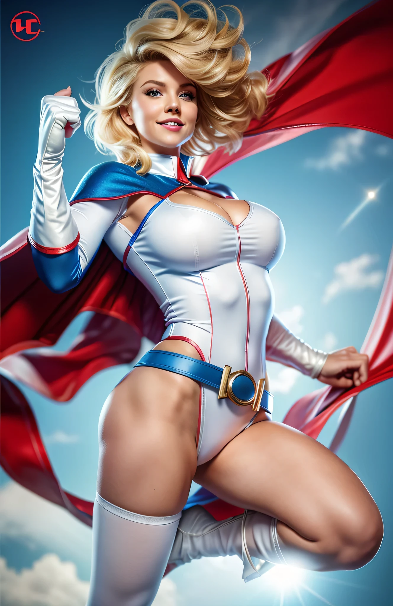 The character Power Girl,  perfect and traditional costume, White costume shirt, bright blue yes, red cape, blond hair, smooth curves, extremely beautiful e realistic anatomy, beautiful smile, hyperrealistic anatomy 