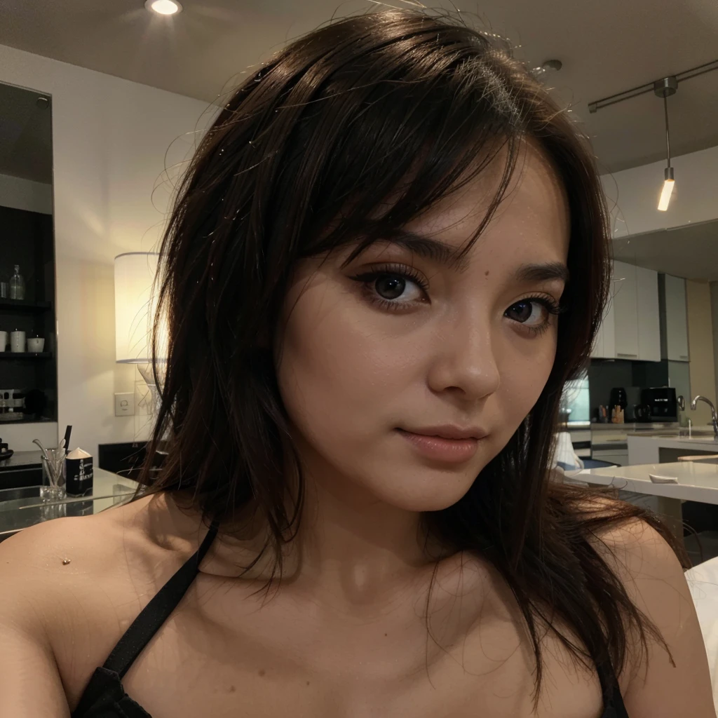 Asiatique, brune, 25 ans, regarde timide, yeux noir hyperréaliste, a l'extérieur, selfie, lumineux, full hd, regard coquin vu de loin