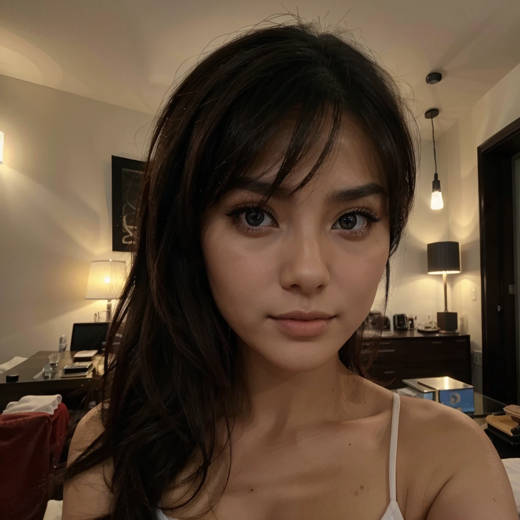 Asiatique, brune, 25 ans, regarde timide, yeux noir hyperréaliste, a l'extérieur, selfie, lumineux, full hd, regard coquin vu de loin