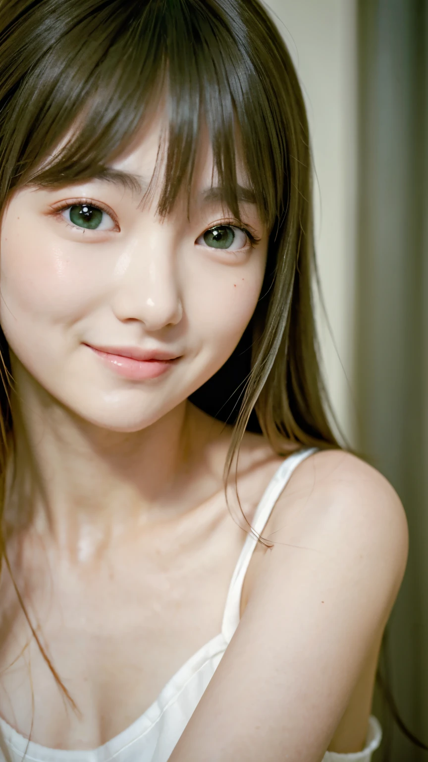 masterpiece,Highest quality,1 Girl,delicでed face, bangs, just_arm, just_shoulder, green_eye, clavicle, (high resolution:1.48)、(:1.48)、(とても大きなeye:1.48)、(Clear skin:1.48)、(Shyly laughing 1:.48)