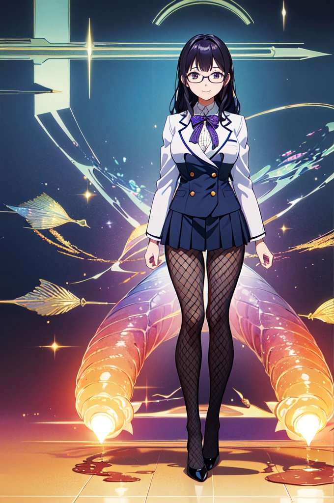 masterpiece, 32k, extremely detailed, finely detail, intricate details,
BREAK
(absurdres:1.1, highres:1.1, ultra detailed:1.1),
insanely detailed, absurdres,
(high resolution:1.1, ray tracing:1.1, refraction:1.1)
(1 female, 独奏:1.3), グラマラスなプロポーション
BREAK
perfect symmetrical face, smile, High School Uniform, Navy blue single blazer, Purple ribbon, Braided Hair, Black Hair, Glasses, ((Fishnet tights))
BREAK,
(((full body))),
BREAK