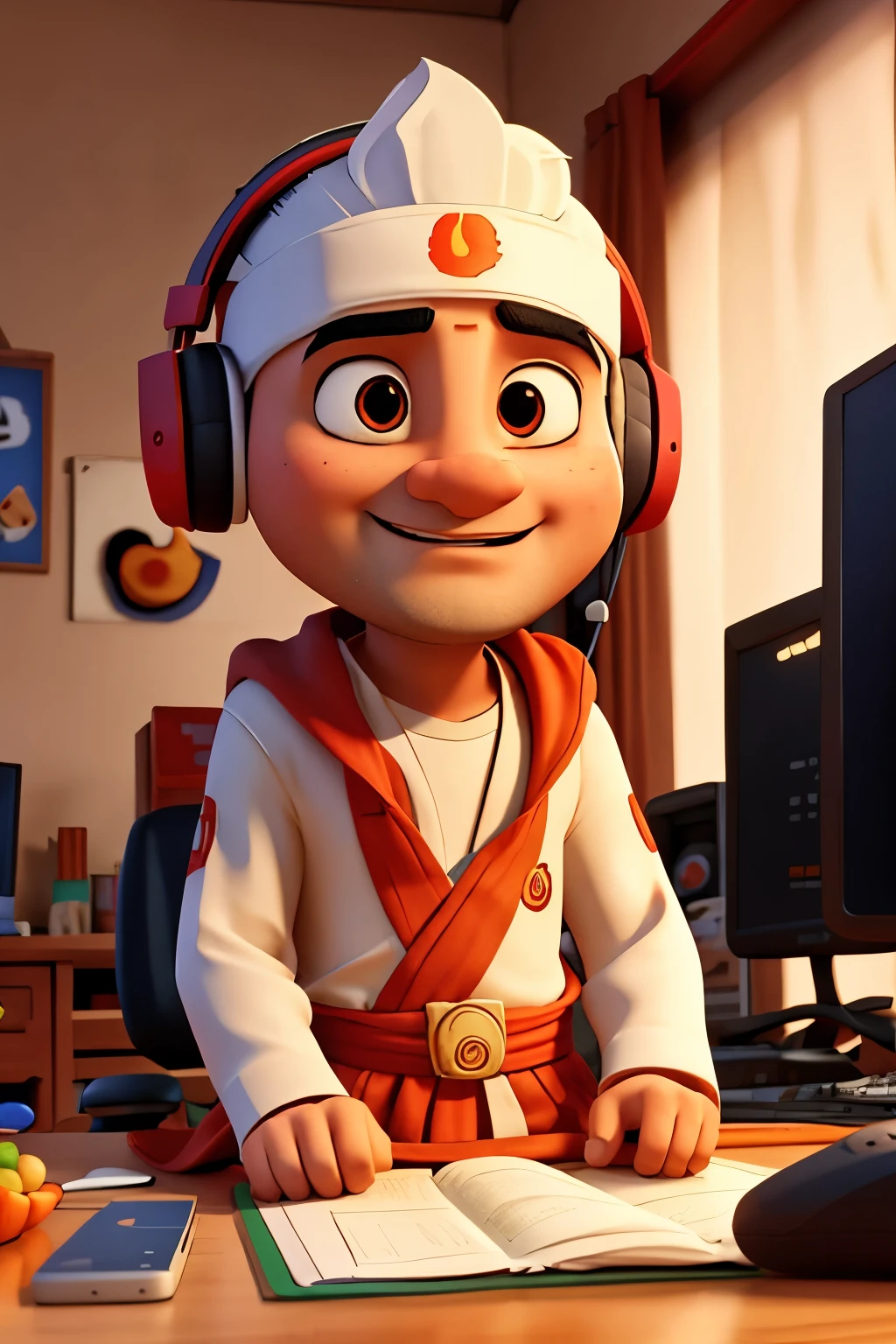 Animated pandit ji front facing wearing gaming headphones using computer