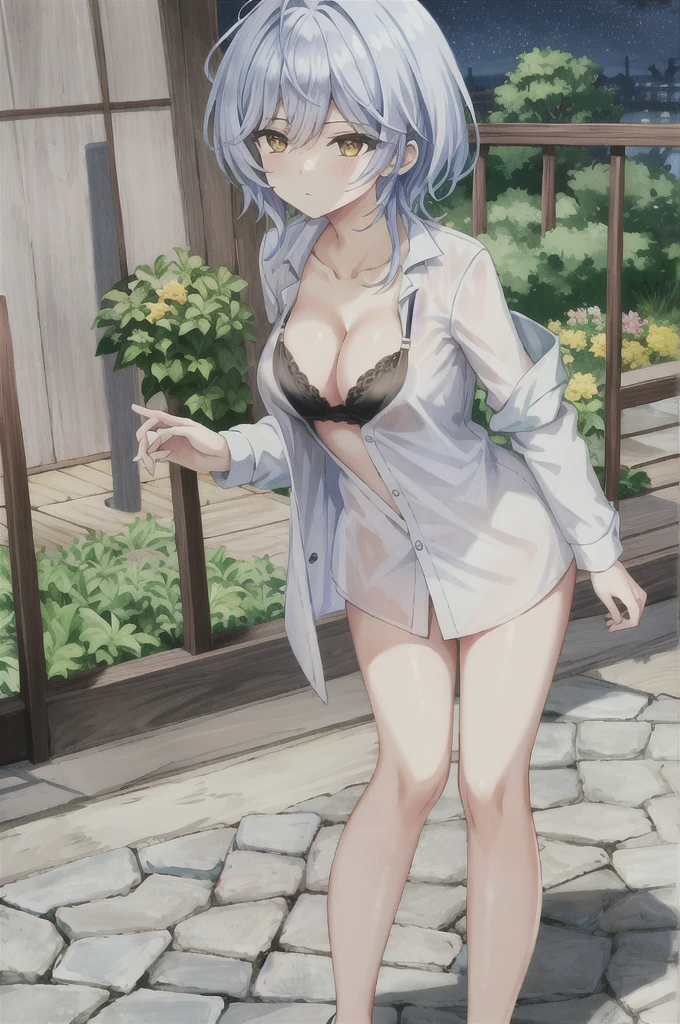 8K resolution、((superior quality))、((masterpiece))、((ultra-detailed))、absurdres、highres、1girl、solo、full body、big breasts、cleavage、short hair、white hair、orange eyes、closed mouth、expressionless、standing、sleepy、white shirt、open shirt、black bra、off shoulder、nude、thighs、legs、dark、evening、night、bed