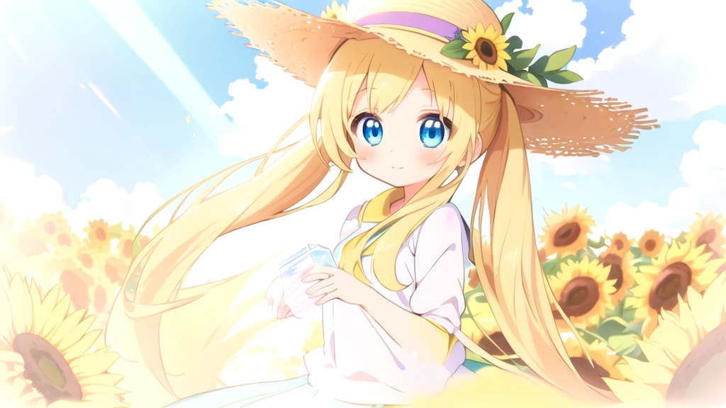 Anime girl wearing a straw hat with long golden ponytails and blue eyes with a field of sunflowers behind her, Anime Goddess, In the anime painter studio, Soft anime illustration, Anime Shadows), ta in a skirt, Anime art style, Anime Shadows, Digital Animation Art!!, Produced in collaboration with Anime Painter Studio, pixiv style
