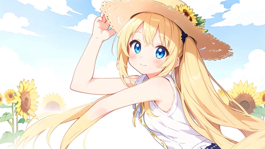 Anime girl wearing a straw hat with long golden ponytails and blue eyes with a field of sunflowers behind her, Anime Goddess, In the anime painter studio, Soft anime illustration, Anime Shadows), Lolita in a skirt, Anime art style, Anime Shadows, Digital Animation Art!!, Produced in collaboration with Anime Painter Studio, pixiv style