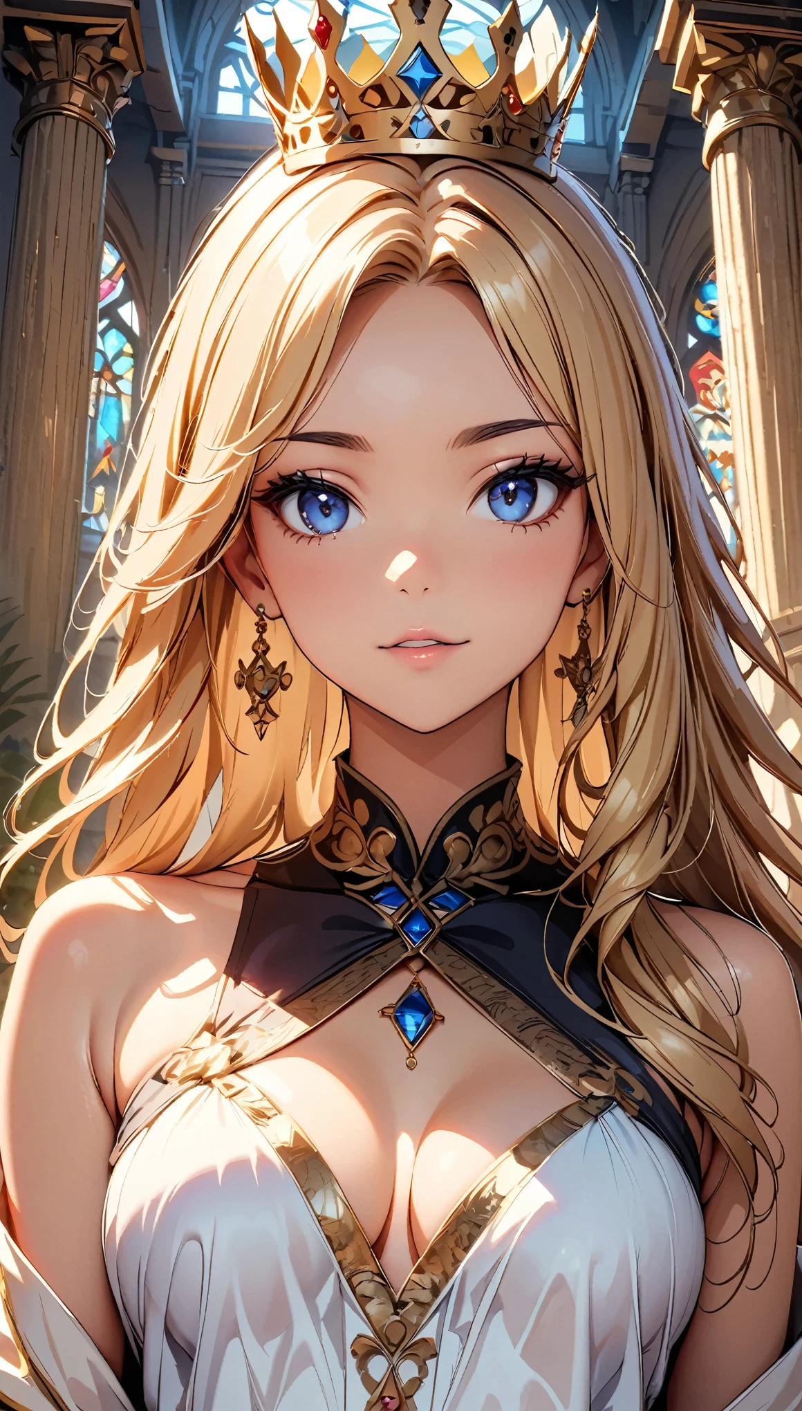 (Highest quality:1.2, High detail, masterpiece:1.2, Best aesthetics), (1 Girl), Pomp and circumstance々, Queen, Dignity, style, Beautiful features, Beautiful woman royalty, 王宮の美しいQueen、Intricate crown、Flowing dress silhouette, Elegant robes, Wang Wat, High ceiling hall, Marble pillar, Stained Glass Windows, chandelier, Luxurious interior, Detailed glasswork, Tapestry, Face Close Up:1.2, Dramatic lighting, Cinematic, Bright colors, Intricate details, Chiaroscuro lighting.