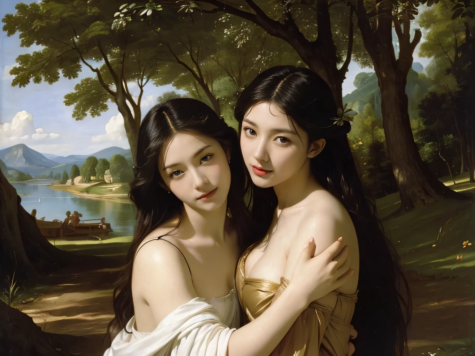 Giorgione painting style,Barbizon forest A beautiful woman in Greek dress smiles on the shore,Sweet and seductive appearance.、Caravaggio's paintings、Chiaroscuro of Caravaggio、hair tousled by the wind,Two women frolicking,cute smile, expression of ecstasy,Sexy,erotic, full body portrait