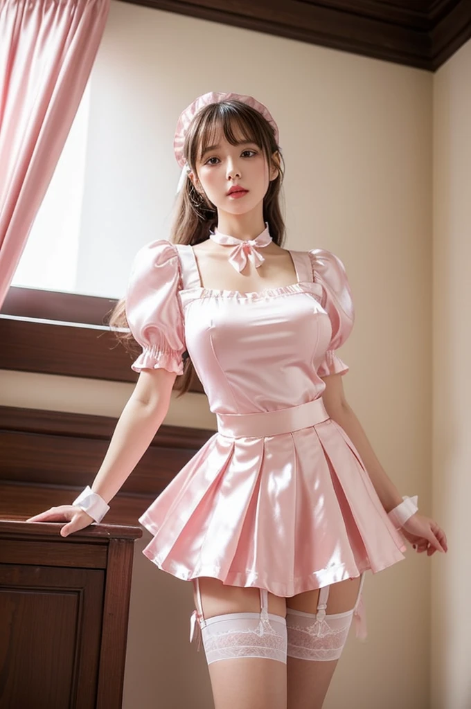 Highest quality、Shiny silk short sleeve puff sleeve pink maid outfit、Micro Mini Skirt、too short flared skirt、A ribbon tied around the neck that is too big、garter belt、Pink high heels、Katyusha with ribbon、Pulling the skirt with your hands、Skinny、Low - Angle、Inside the room、flower、front、looking at the camera、Clear skies