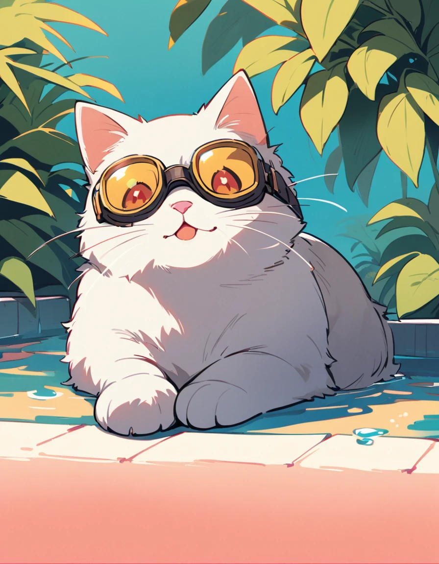 A cat wearing goggles is lying on the edge of an outdoor swimming pool, with its front paws hanging over and holding onto the side. The background features lush plants and blue water, creating a bright atmosphere. It has a close-up shot, flat illustrations, and a simple color scheme. The cat is depicted in the style of Japanese anime. --ar 3:4 --niji 6