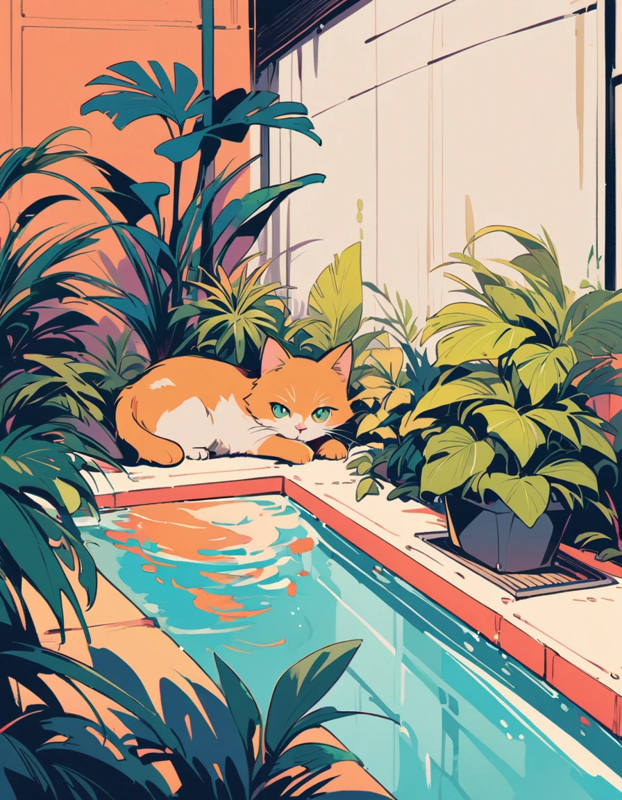 A cat wearing goggles is lying on the edge of an outdoor swimming pool, with its front paws hanging over and holding onto the side. The background features lush plants and blue water, creating a bright atmosphere. It has a close-up shot, flat illustrations, and a simple color scheme. The cat is depicted in the style of Japanese anime. --ar 3:4 --niji 6