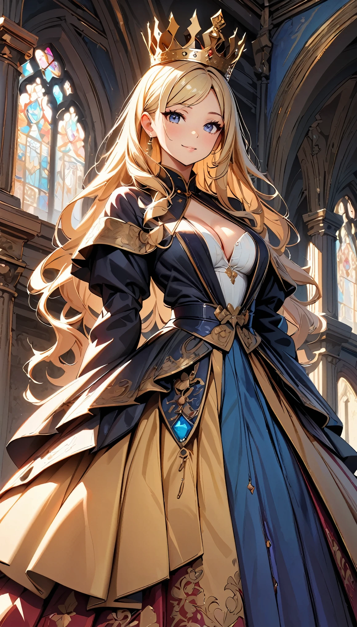 (Highest quality:1.2, High detail, masterpiece:1.2, Best aesthetics), (1 Girl), Pomp and circumstance々, Queen, Dignity, style, Beautiful features, Beautiful woman royalty, 王宮の美しいQueen、Intricate crown、Flowing dress silhouette, Elegant robes, Wang Wat, High ceiling hall, Marble pillar, Stained Glass Windows, chandelier, Luxurious interior, Detailed glasswork, Tapestry, Face Close Up:1.2, Dramatic lighting, Cinematic, Bright colors, Intricate details, Chiaroscuro lighting.