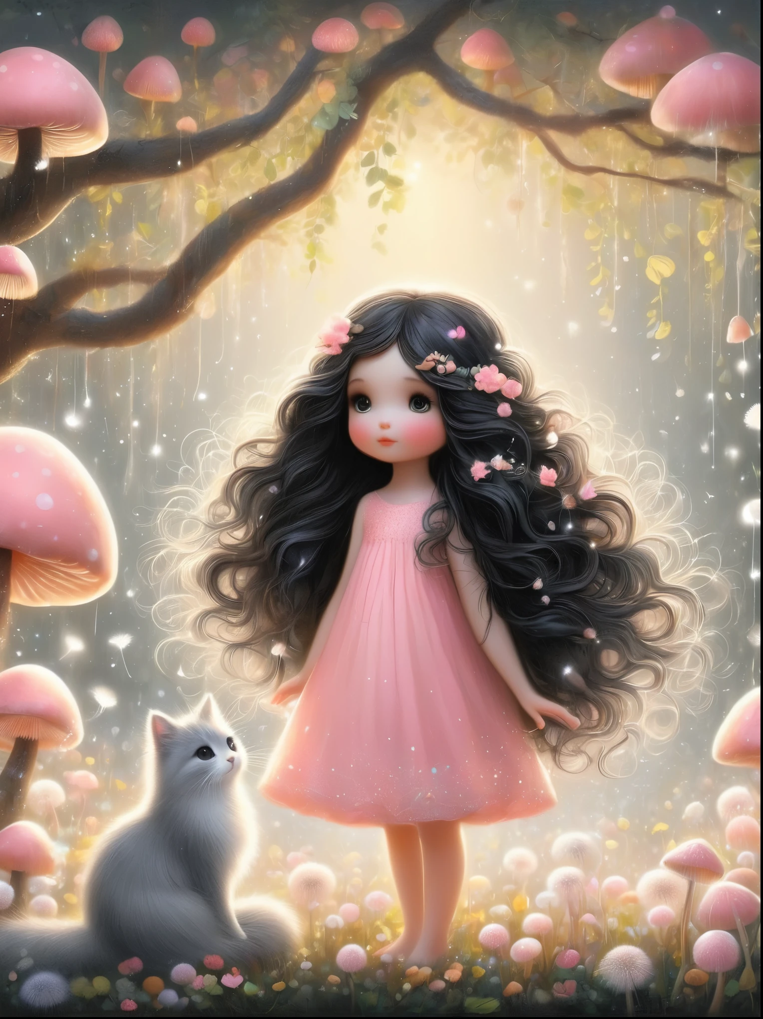 Cute cartoon girl, whole body, Mushroom floating, Pink and white color scheme, Sharpie illustration, Thick lines, Grunge rock style beauty, Blending Mode，Floral Print，vine，Glowing silver light，Innocence，storybook-like，A gentle depiction of nature，Wear，so beautiful, in the style of Amanda clark, Evgeni gordiets