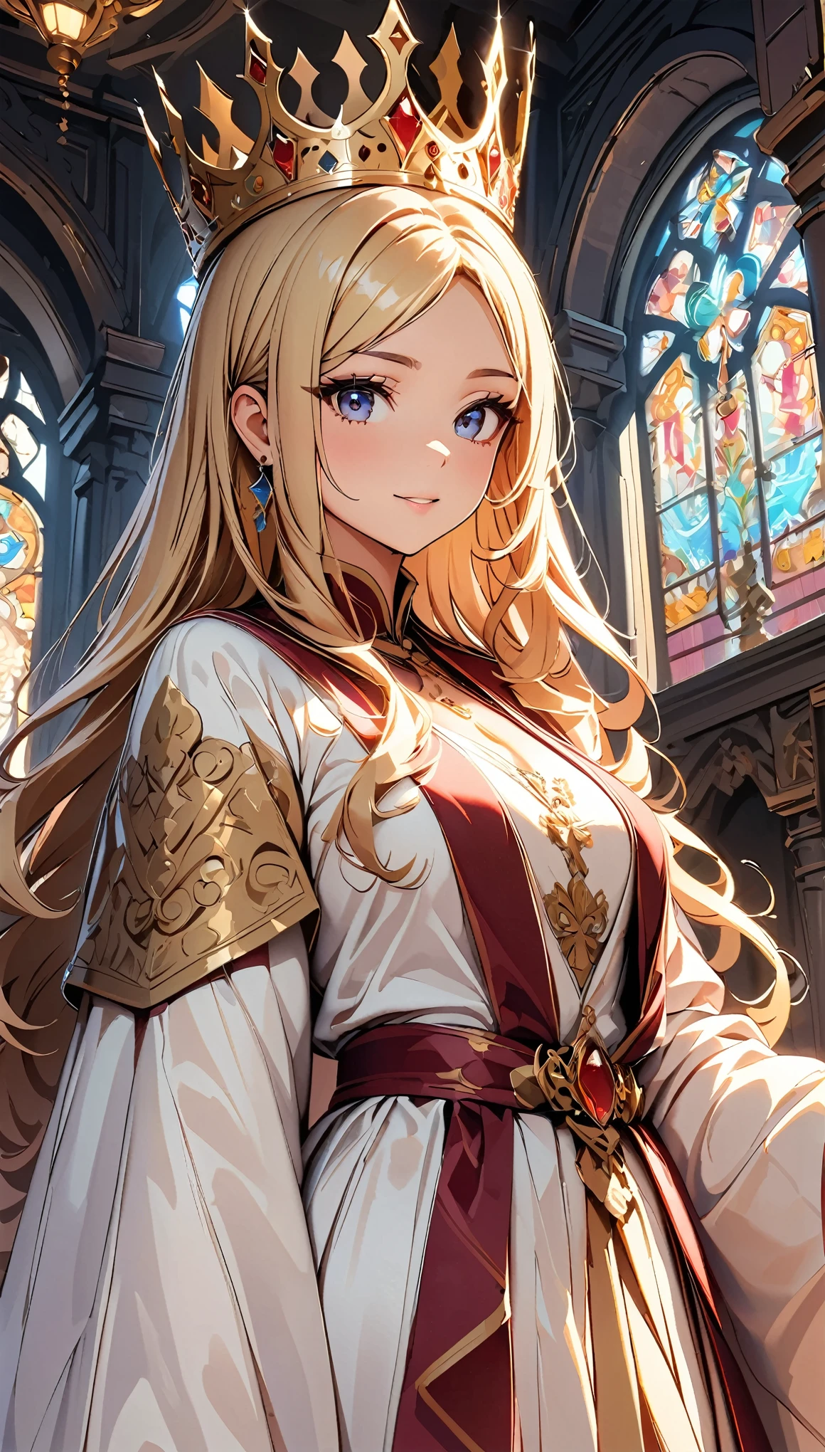 (Highest quality:1.2, High detail, masterpiece:1.2, Best aesthetics), (1 Girl), Pomp and circumstance々, Queen, Dignity, style, Beautiful features, Beautiful woman royalty, 王宮の美しいQueen、Intricate crown、Flowing dress silhouette, Elegant robes, Wang Wat, High ceiling hall, Marble pillar, Stained Glass Windows, chandelier, Luxurious interior, Detailed glasswork, Tapestry, Face Close Up:1.2, Dramatic lighting, Cinematic, Bright colors, Intricate details, Chiaroscuro lighting.