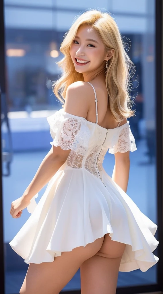 Surreal beautiful woman with blonde wavy hair and a big smile on her face.South Korea.Pure white off-shoulder low-cut dress.role play.Ass upturned