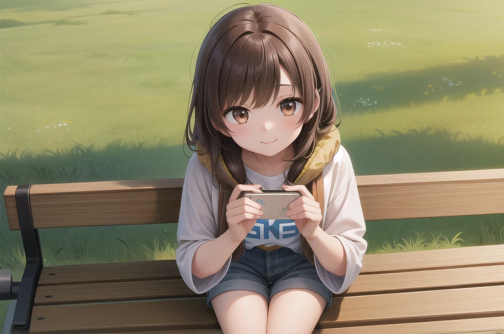 One girl, alone, 20-year-old, Brown eyes, Brown Hair, smile, Nice casual clothes, grassland, bench, headphone, masterpiece, Fine Fingers, 最high quality:1.4, high quality, detailed,