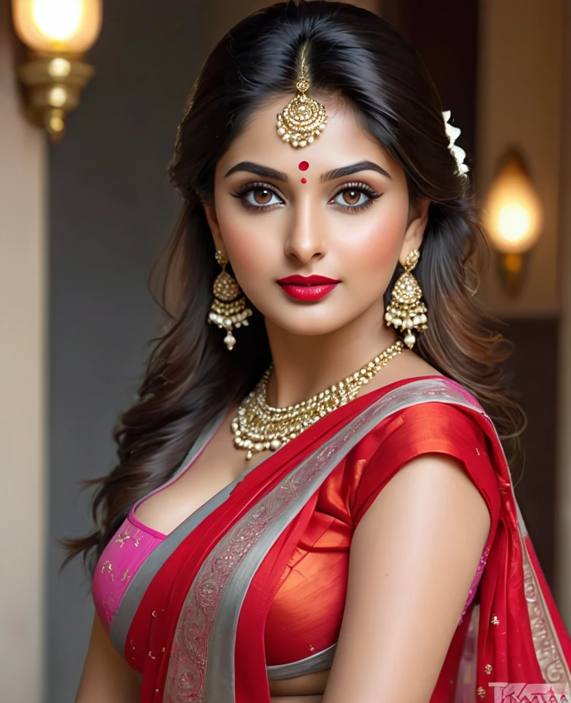 perfect pink eyes, fantastic face, Indian, beautiful look, ((red lips, bright eyes, curve heir 1.5)), ((beautiful details very big breast )), (Straight round and ultra huge clevage, not sagging breast), A glorious gorgeous, glorious gorgeous face, pretty face, bright eyes, detailed elegant printed red saree, updo elegant hair, blurred gray tones background, ultra focus, face ilumined, face detailed, 8k resolution, painted, dry brush, brush strokes, razumov style and garmash style, by Tokaito,  ((Full Open )), full body, sexy open thin belly, upper body part totally naked 