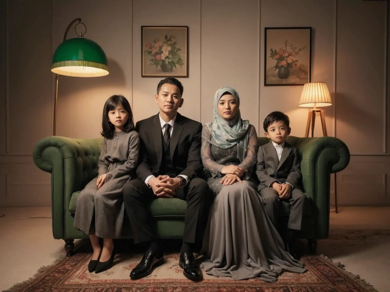 Family photo in Indonesia, four members, father and mother aged 45, one 7-year-old daughter and one 3-year-old son. They all wear coordinated black suits and grey sharia dresses, taken in a luxurious photo studio with abstract background, adorned with green flower vases and decorative lights, sitting on a sofa, with good lighting, realistic, best photography, UHD, 32k