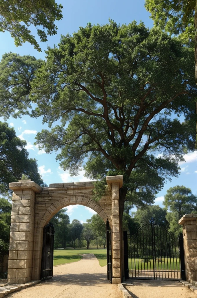 A magical tree with magical limestone bricks floated in the air and lined up around the tree, and there was a magical ancient gate at the end.