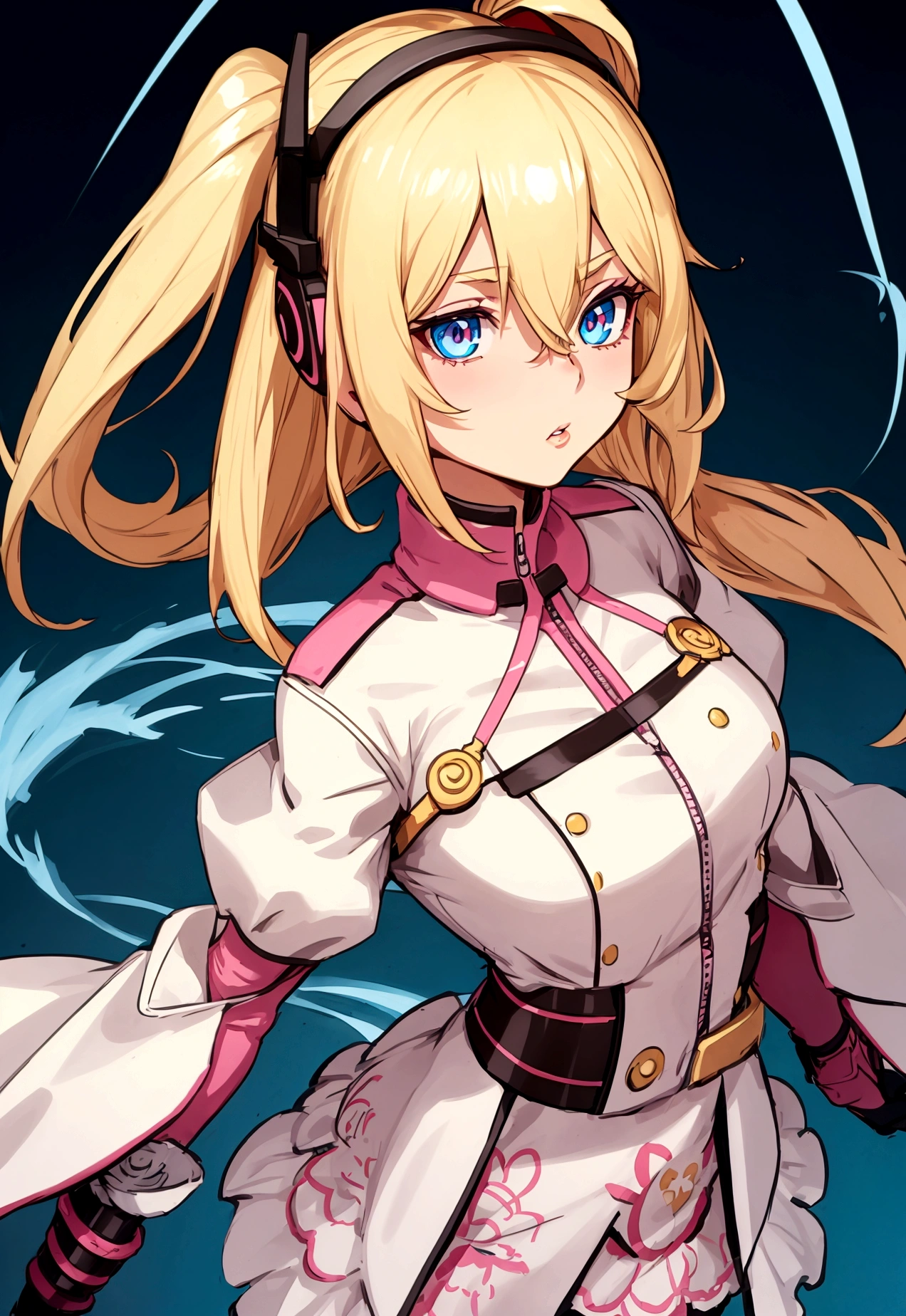 A detailed anime-style illustration of a young woman. She has short blonde hair that falls just above her shoulders, with a straight and smooth texture that has a slight shine. Her eyes are large and blue, with a serious and determined expression. She has a small, well-defined nose and a subtle curve to her lips. She is wearing a headset microphone attached to her ear. She is dressed in a pink uniform with white accents, a red collar, and gold trim. The uniform has shoulder epaulets and a zipper running down the front. Pay special attention to the shape and color of her eyes, the smooth and shiny texture of her blonde hair, the subtle curve of her lips, and the small, well-defined nose. The background should be plain to keep the focus on the character.