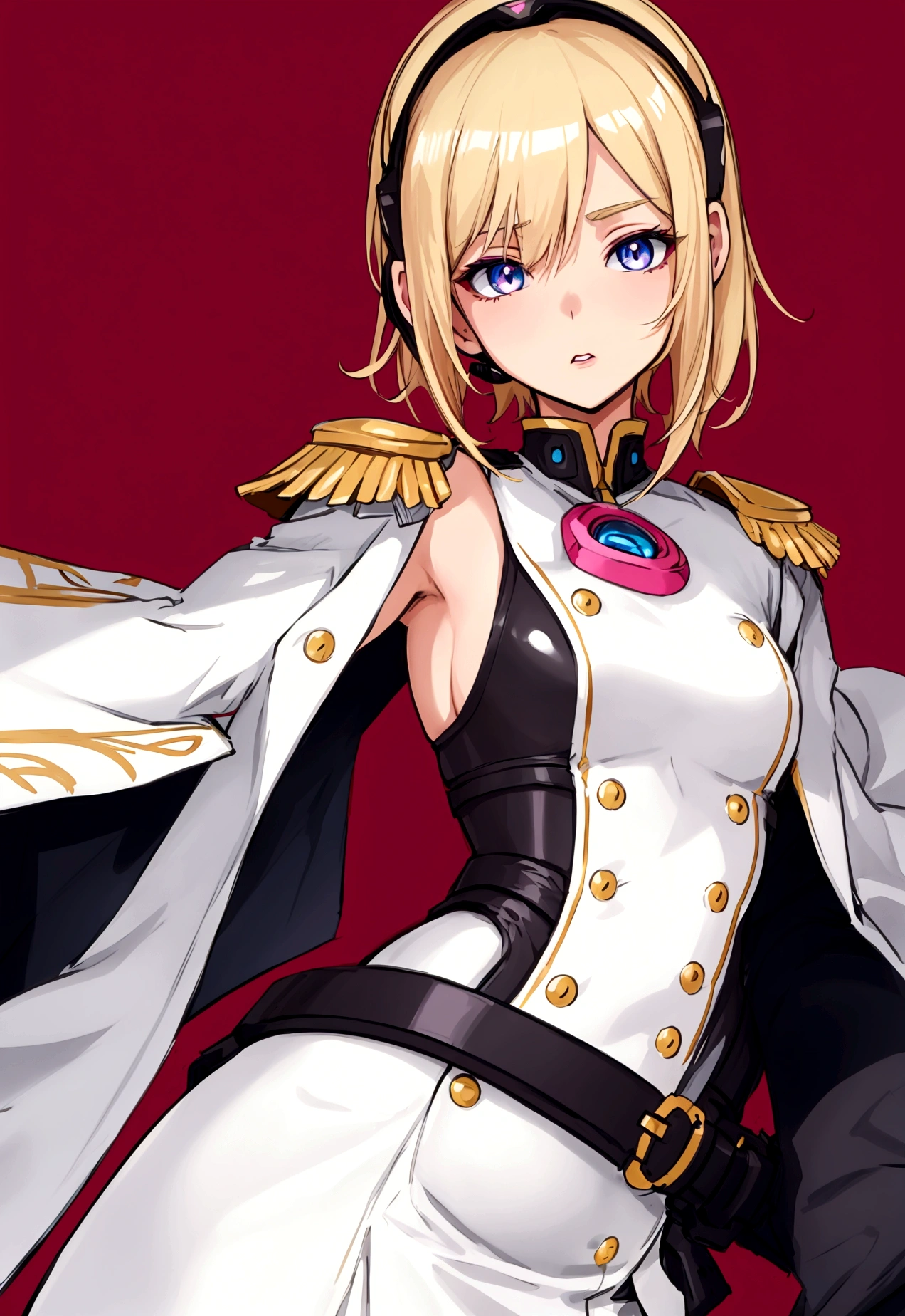 A detailed anime-style illustration of a young woman. She has short blonde hair that falls just above her shoulders, with a straight and smooth texture that has a slight shine. Her eyes are large and blue, with a serious and determined expression. She has a small, well-defined nose and a subtle curve to her lips. She is wearing a headset microphone attached to her ear. She is dressed in a pink uniform with white accents, a red collar, and gold trim. The uniform has shoulder epaulets and a zipper running down the front. Pay special attention to the shape and color of her eyes, the smooth and shiny texture of her blonde hair, the subtle curve of her lips, and the small, well-defined nose. The background should be plain to keep the focus on the character.