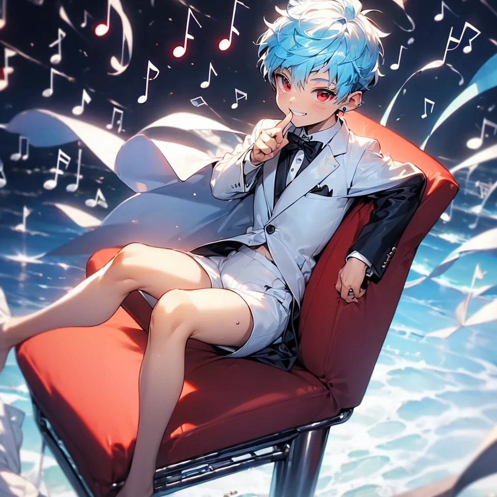 (solo:2.5), (boldline:-1.7), (put index finger on mouth:1.5), (floating musical notes:1.7), (sitting on red chair:1.5), (((fang))), (((best finger))), BREAK (best quality:1.5), (absolutely resolution:1.5), (ultra detailed:1.5), (masterpiece:1.5), (perfect face), (detailed face), (detailed eyes), (best eyes), (cute face), (shota:2), BREAK (tuxedo:1.5), (bulge:1.6), (skinny:1.3), BREAK (light blue hair:1.5), (spiked hair), (wine red eyes:1.4), (eyes with highlight:1.6), ((mole under eye)), (sweaty skin), (grin:1.5), ((earrings)), (shiny skin:1.3), BREAK (concert hall:1.5), (spot light:1.3), (at concert), (many people), ((wind blowing)), frow below,