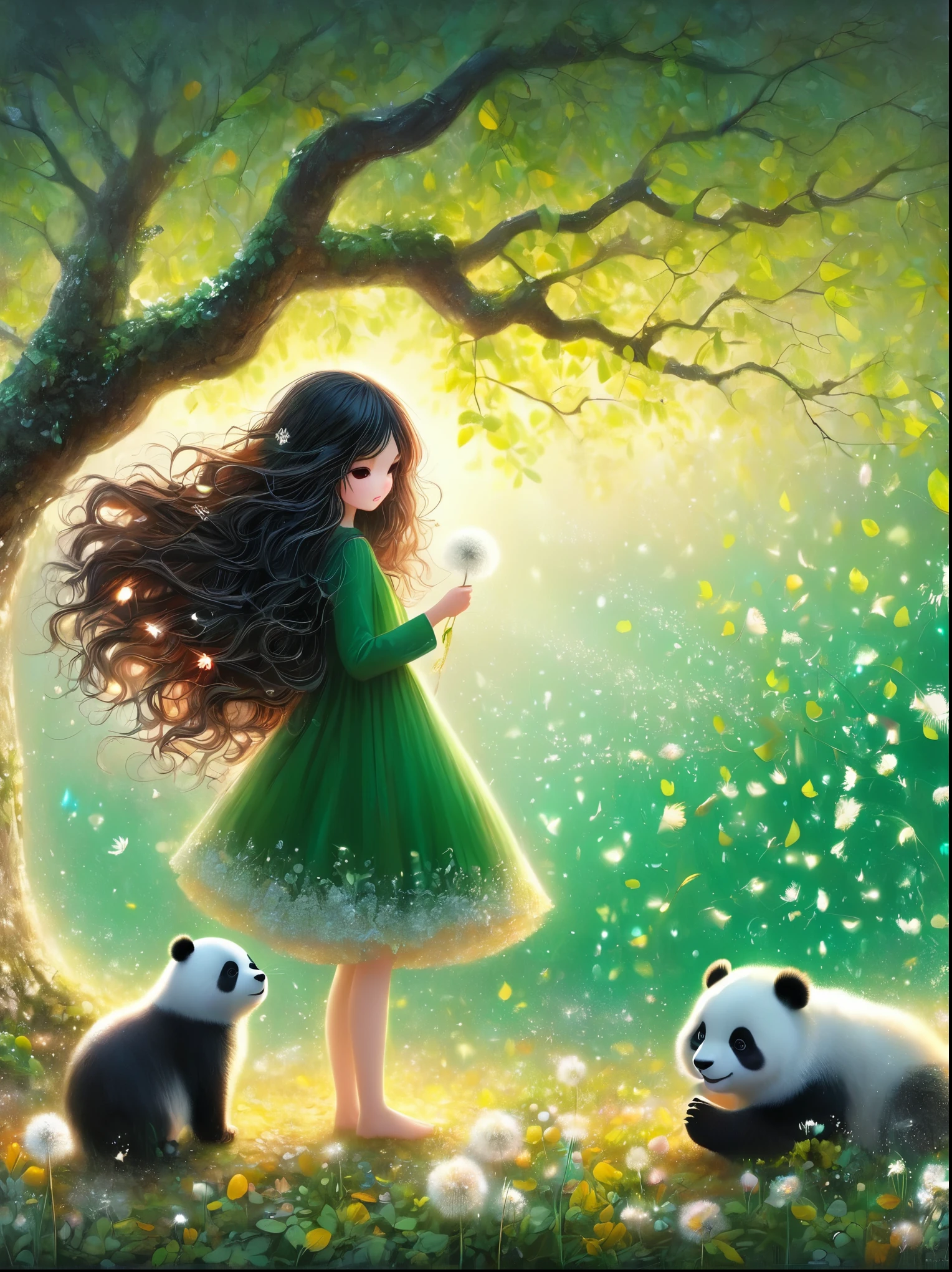 1girl, 独奏, Long hair, Red hair, Long sleeve, skirt, myopia, flower, from the side, Tree, contour, animal, Watermark, Wavy Hair, flower卉印flower, panda, plant, Nature, Network skirt, forest, curls, Green dress, vine,Glowing silver light,Innocence,storybook-like,对Nature的温柔描绘,Wear,so beautiful, in the style of Amanda clark, Evgeni gordiets