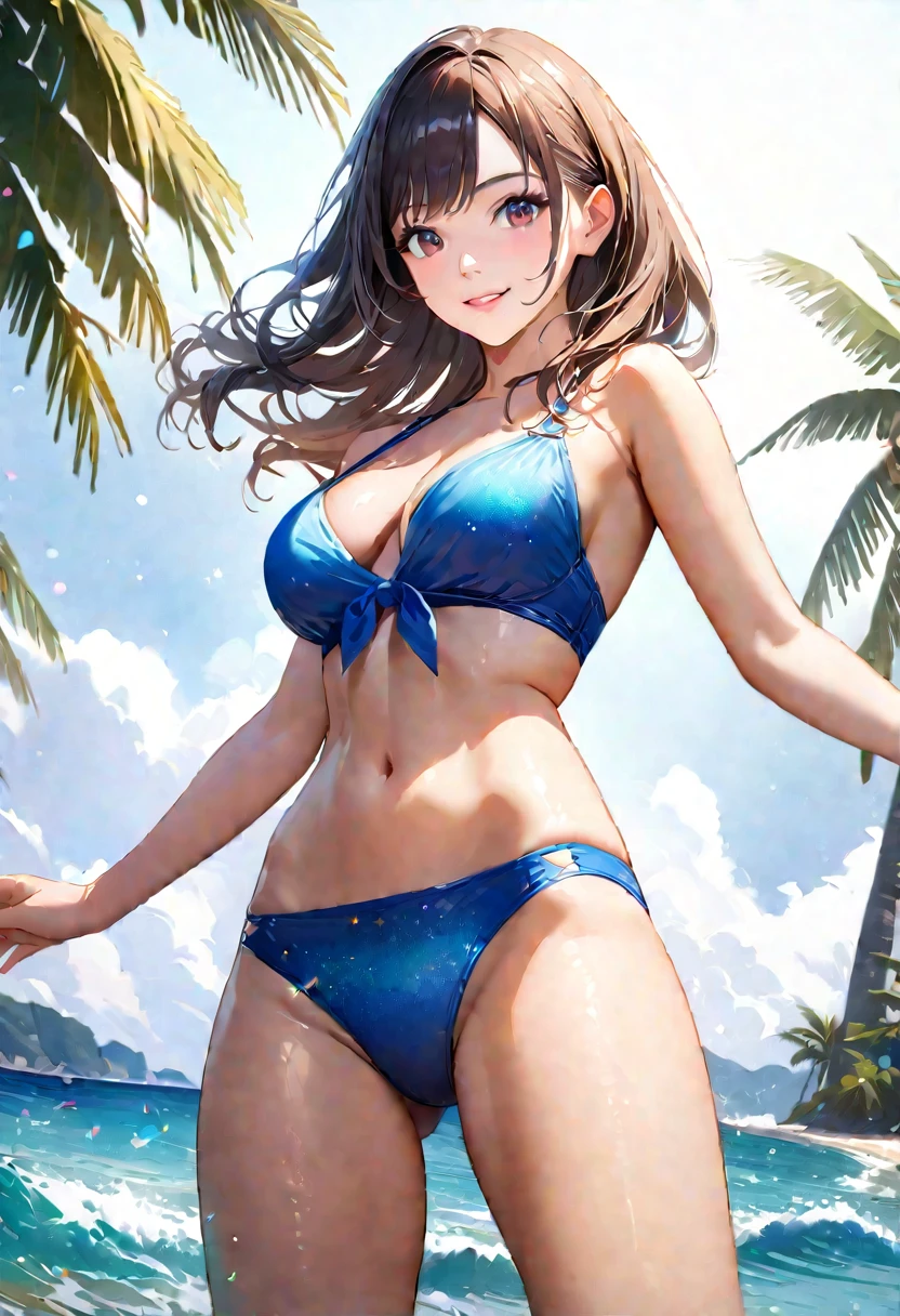 Sparkling sea and tropical ocean, Sunny sky with fluffy white clouds, Palm trees along the coast, Blur the background,Pleasant sea breeze,Young woman with dark hair, Swimwear,smile,Glitter effect,Highest quality, 4K, 8K, High resolution, masterpiece:1.2, Very detailed, Realistic:1.37, High resolution, 超High resolution, Studio Lighting, Ultra-fine painting, Sharp focus, Physically Based Rendering, Very detailedな説明, Professional, Vibrant colors