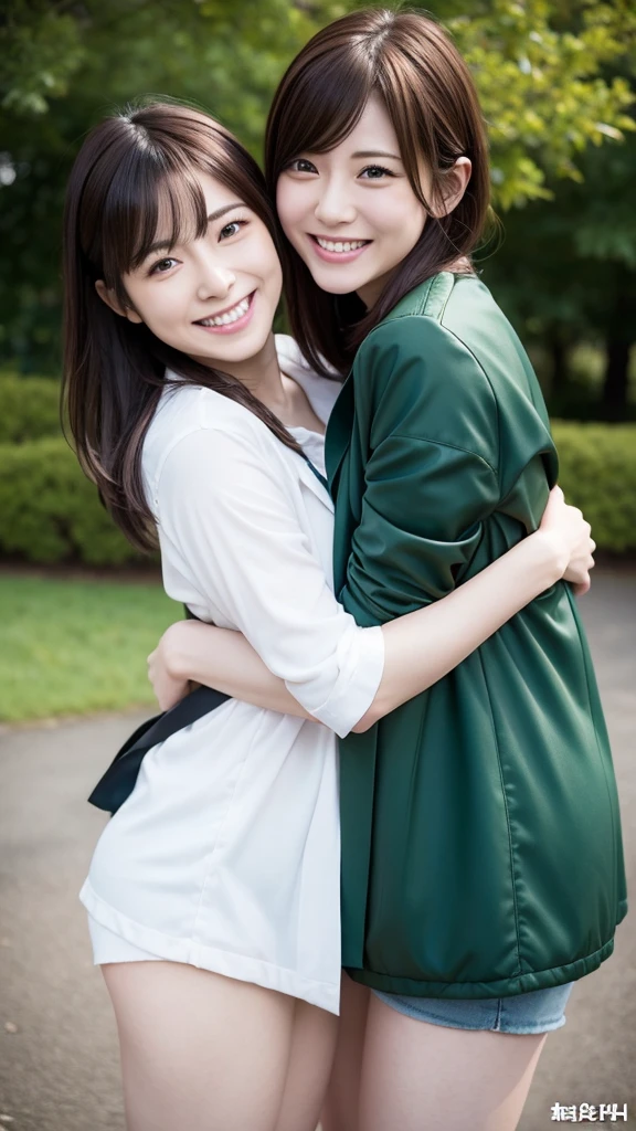 local park,realistic,nsfw,2 beautiful jav actors side by side,lesbian hug,harf undress ,flasher,embarrassed smile, [:(detailed face:1.2):0.2],looking at viewer,(PureErosFace_V1:0.2)