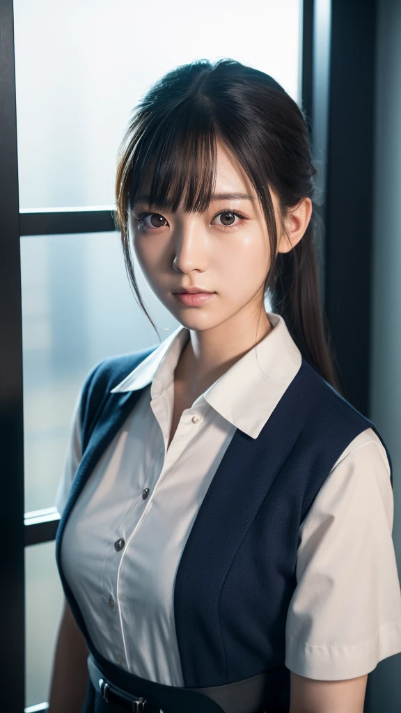 A beautiful young Japanese woman, around 20 years old, wearing a stewardess uniform, ultra-detailed, 8K resolution, highly realistic, cinematic lighting, best quality, masterpiece, photorealistic, physically-based rendering, extremely detailed, vivid colors, professional, sharp focus, studio lighting