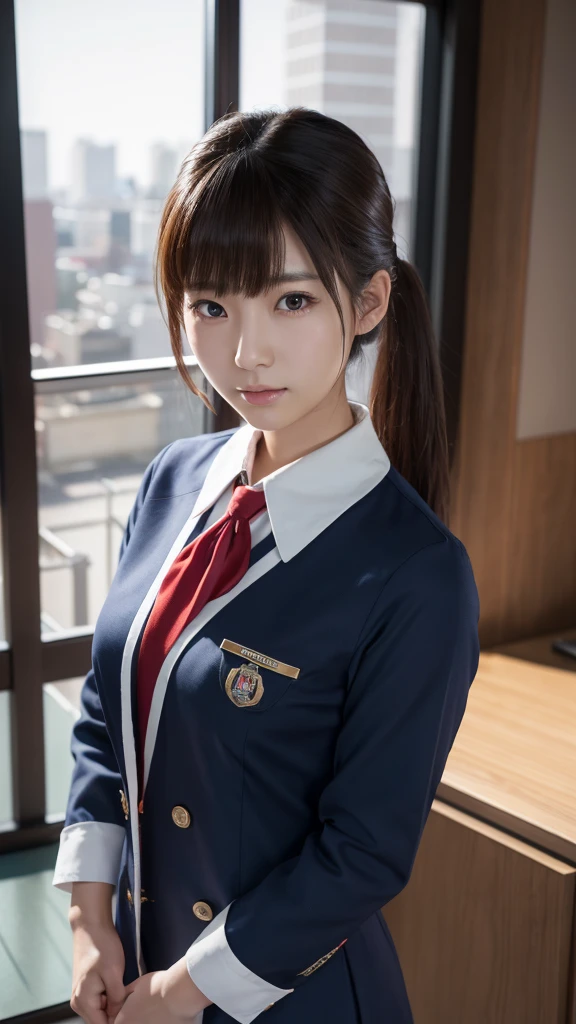 A beautiful young Japanese woman, around 20 years old, wearing a stewardess uniform, ultra-detailed, 8K resolution, highly realistic, cinematic lighting, best quality, masterpiece, photorealistic, physically-based rendering, extremely detailed, vivid colors, professional, sharp focus, studio lighting