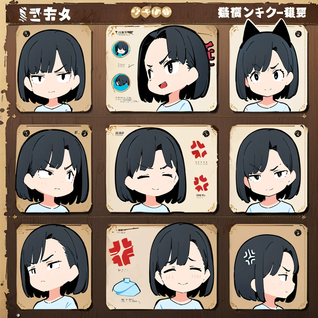 (Thick painting style),Bold line, ((masterpiece,)),(((Highest quality))),((Joy, anger, sorrow, and happiness,Girls in their 20s,Dynamic pose)),Short black hair,Black cat ears,T-Shirts,jeans,(((Character design sheet,Character Portrait,Full Art))),Messy